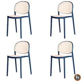 Kit 4 Cadeiras Empilhável Positano Fratini Polipropileno Cor Azul e Assento Simulando Palha Natural