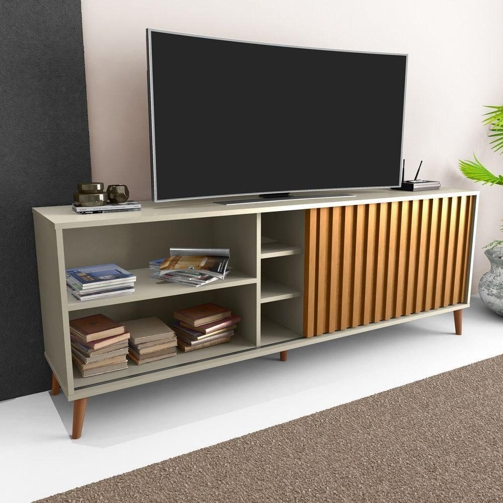 Rack Bacada Sala Para Tv Até 50 Polegadas Com Porta Ripada Luara 160x60cm Off White / Ipê