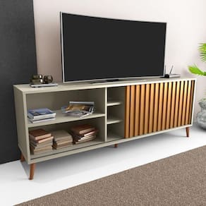 Rack Bacada Sala Para Tv Até 50 Polegadas Com Porta Ripada Luara 160x60cm Off White / Ipê
