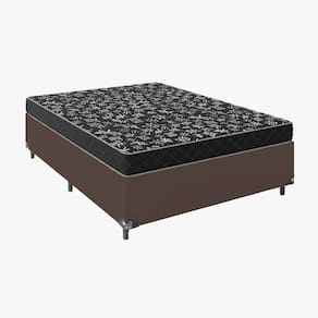 Cama Box Casal Tecido Marrom Com Colchão D20 Tampo Preto 12cm