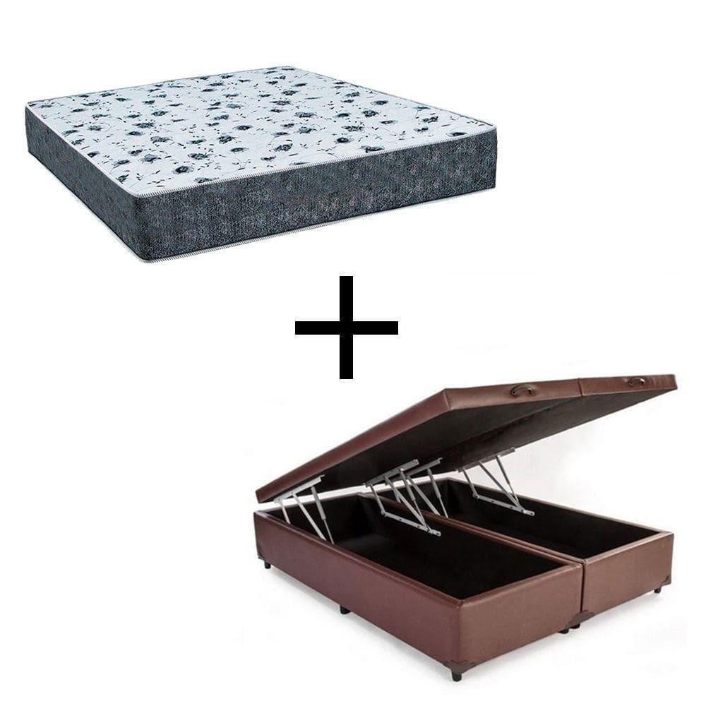 Cama Box Baú King 193 Tecido Marrom Com Colchão Alegro Bello Box D28 Cinza 58x193x203