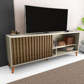 Rack Bacada Sala Para Tv Até 50 Polegadas Com Porta Ripada Luara 160x60cm Off White / Canela