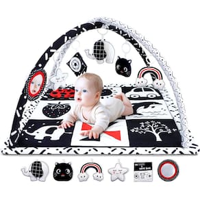Tapete de brincar Baby Gym Poycuna preto e branco com 6 brinquedos 0-12M