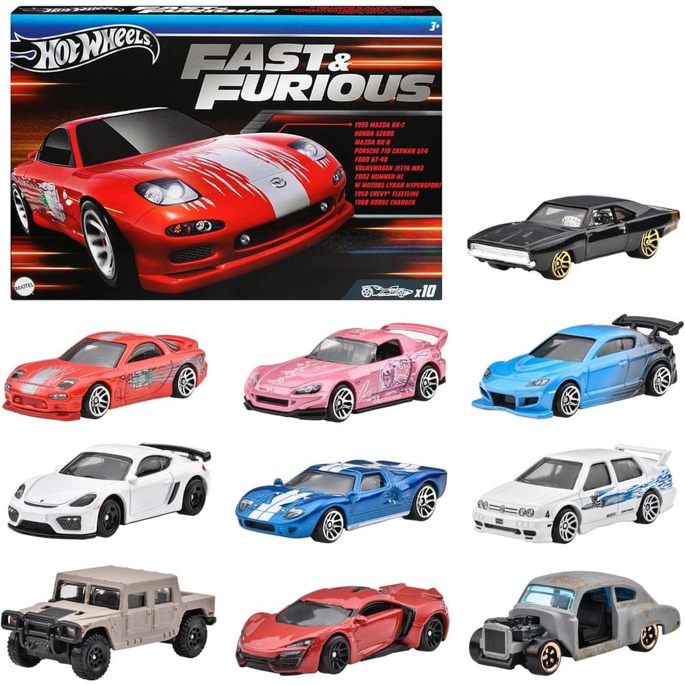 Pacote de 10 carros Hot Wheels HVX27 Fast and Furious para veículos de brinquedo