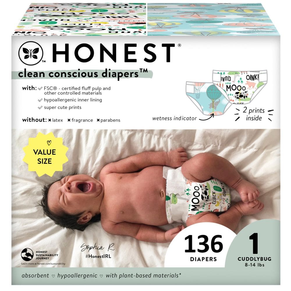 Fraldas The Honest Company Clean Conscious, tamanho de 1 a 14 libras