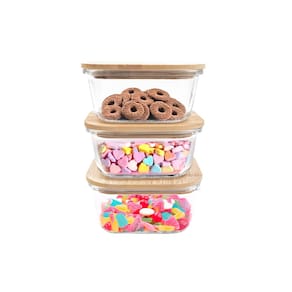 kit 3 potes de vidro 550ml com tampa de bambu hermético marmita quadrados - Tud