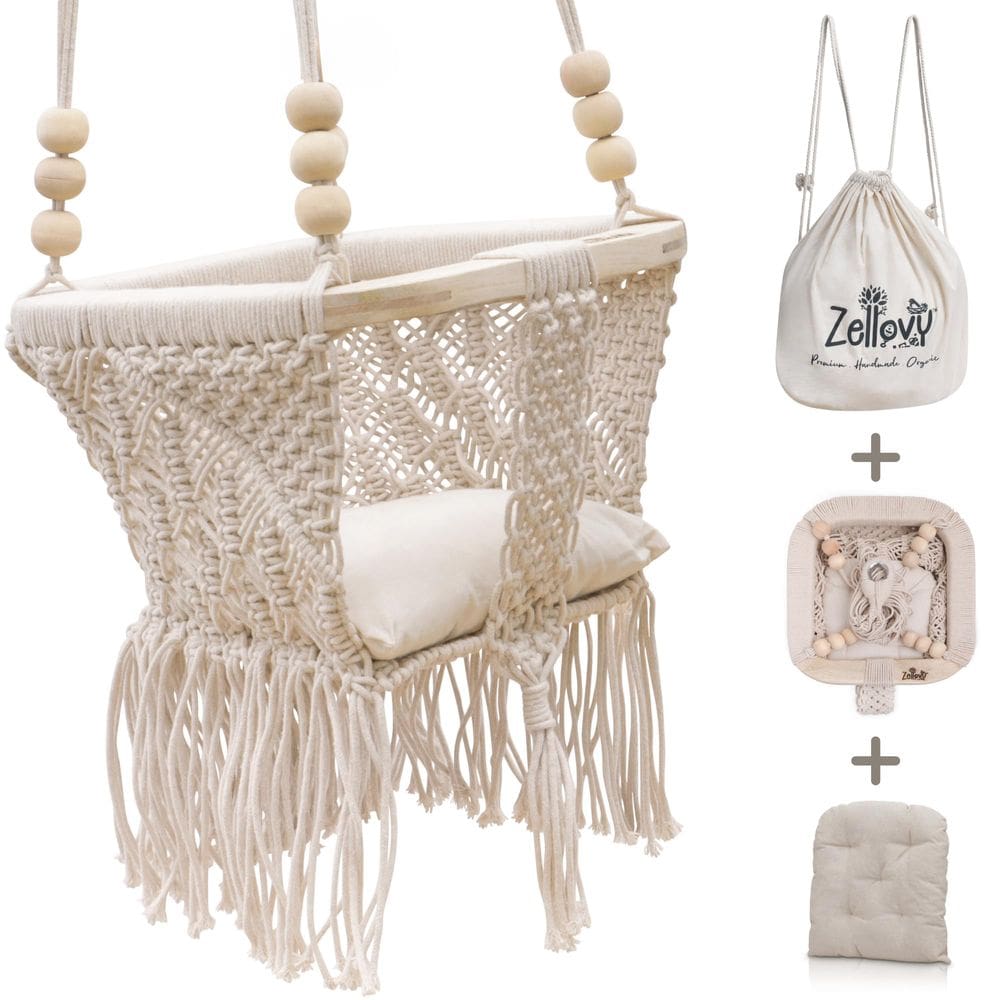 Cadeira giratória para bebês em macramê ZELLOVY Organic com almofada e bolsa