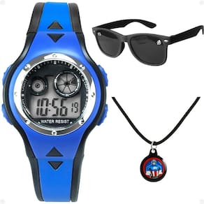 Relogio Digital Azul Infantil + Colar + Oculos Proteção Uv