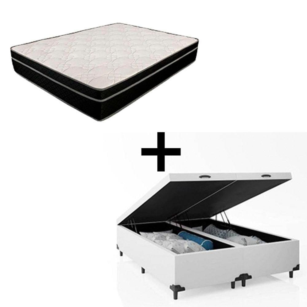 Cama Box Baú Casal 138 Bipartido Tecido Branco Com Colchão Paris Molas Preto 67x138x188
