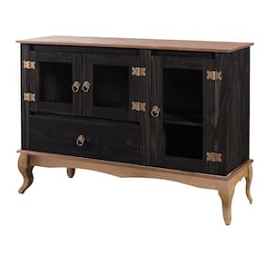 Balcão Buffet Aparador 3 Portas 1 Gaveta Portas de Vidro Pés Luiz XV D125 - Preto Rustic