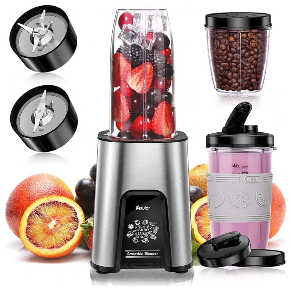 Liquidificador Portátil com 11 Acessórios e 4 Lâminas em Aço Inoxidável 1000W 100V, VEWIOR, Cinza