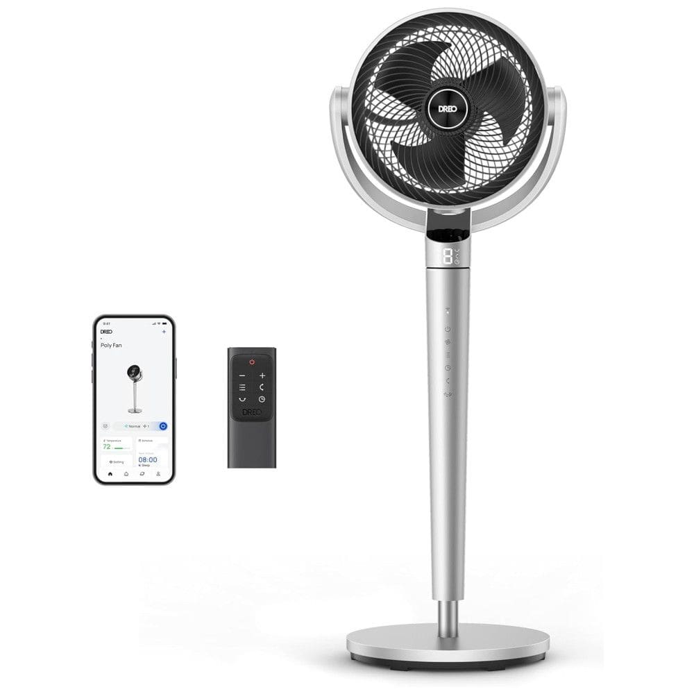 Ventilador Pedestal com Oscilação Omnidirecionais de 150°+120°, 6 Modos, 9 Velocidades, Temporizador 12H, Controle Remoto e APP, 110V, Dreo, Prata