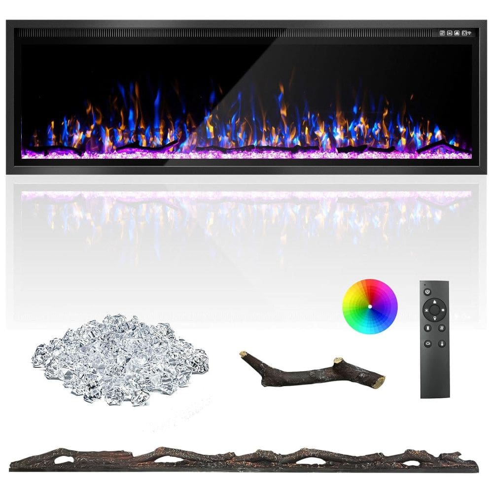 Lareira Elétrica de 152 cm, Ultrafina, Embutida ou de Parede, Troncos, Madeira Flutuante ou Cristais, Controle Remoto, Termostato, Kucreiheat