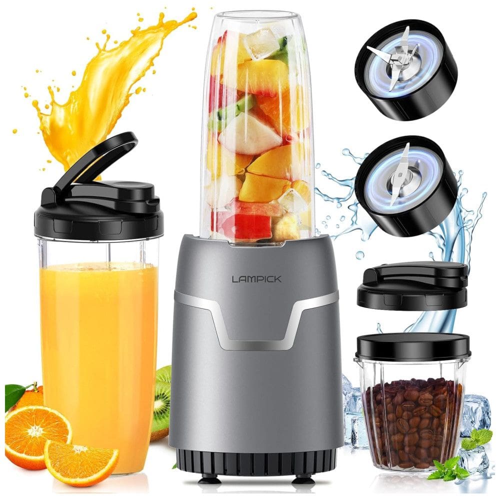 Liquidificador Portátil com Moedor de Café, Capacidade de 800mL e 2 Lâminas de Aço Inoxidável, 1100W, LAMPICK, Cinza