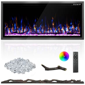 Lareira Elétrica de 107 cm, Ultrafina, Embutida ou de Parede, Troncos, Madeira Flutuante ou Cristais, Controle Remoto, Termostato,Timer,Kucreiheat