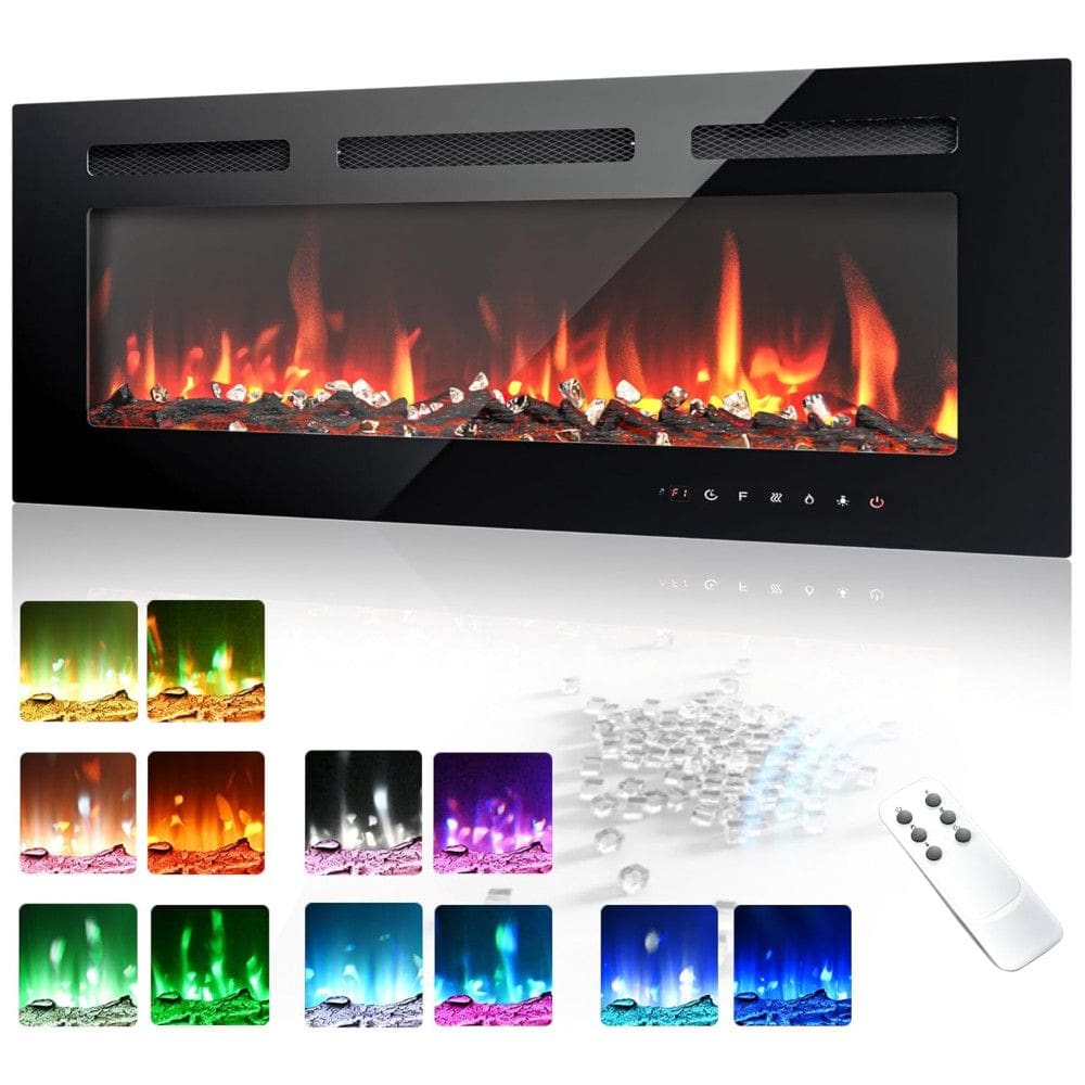 Lareira Elétrica EUHOMY de 91 cm, Embutida ou de Parede, Chama Ajustável, Aquecedor com Controle Remoto, Timer, Tela Touch, Troncos e Cristais