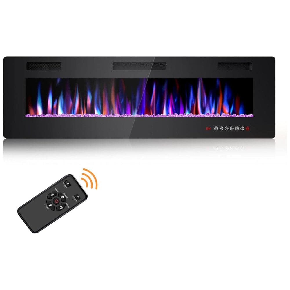 Lareira Elétrica Joy Pebble de 152 cm, Embutida ou de Parede, com Aquecedor 750/1500W, LED Touch, Controle Remoto, Timer, Chamas Ajustáveis em Cor