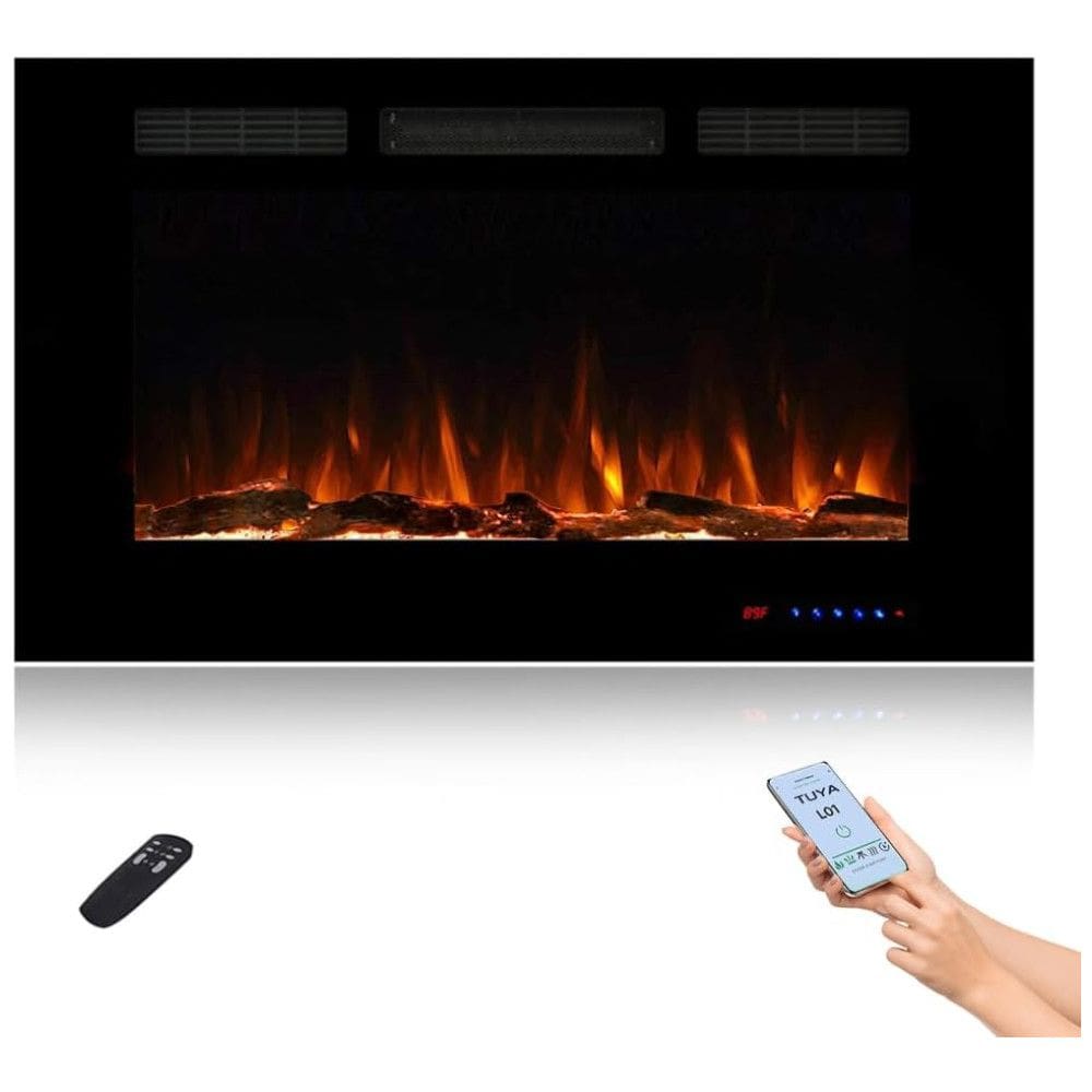 Lareira Elétrica Inteligente de 91 cm com Wi-Fi, 5 Configurações de Chama, Troncos ou Cristais, Controle de Temperatura por Painel, Masarflame