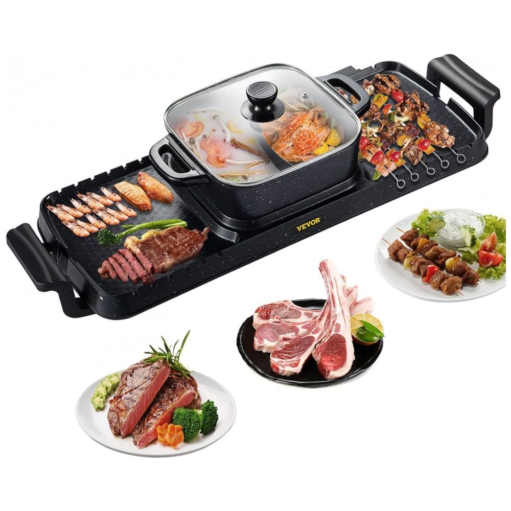 Grill Elétrico e Panela Elétrica Multifuncional 2,8 Litros com Controle Duplo de Temperatura e Revestimento Antiaderente, 2400W 110V, VEVOR, Preto