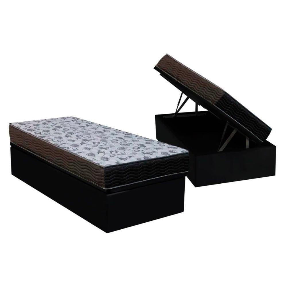 Cama Box Baú Solteiro: Colchão Anatômico Ortobom D33 / Ep Iso 100 Ultra Firme + Base Crc Courano Black(88x188)