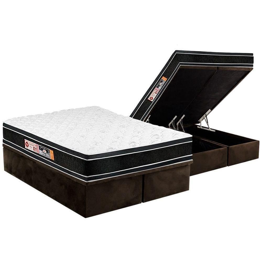 Cama Box Baú Queen: Colchão Espuma Castor D33 Black E White Air Euro Pillow + Base Brown(158X198)