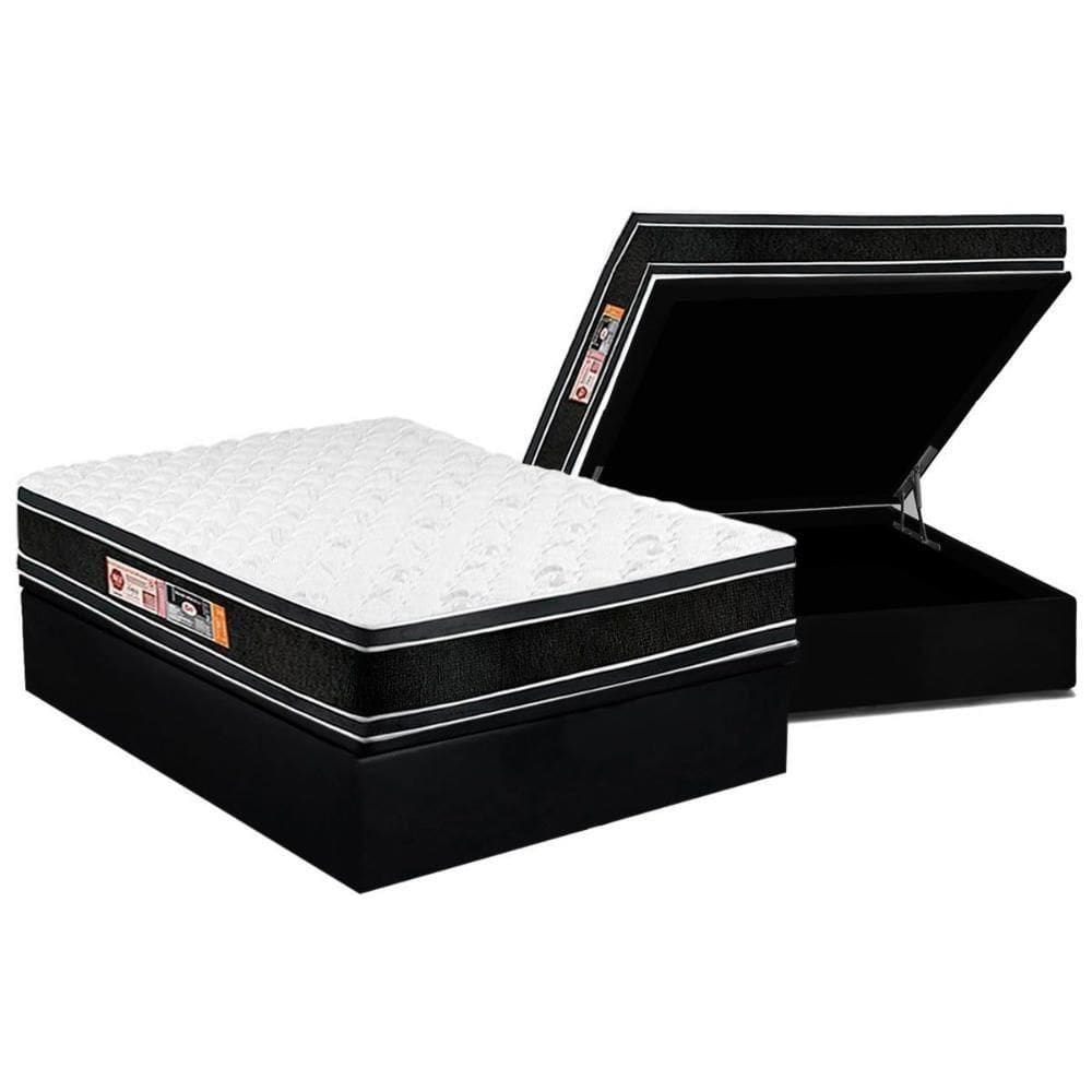 Cama Box Baú Casal: Colchão Espuma Castor D33 Black E White Double Face + Base Black(138X188)