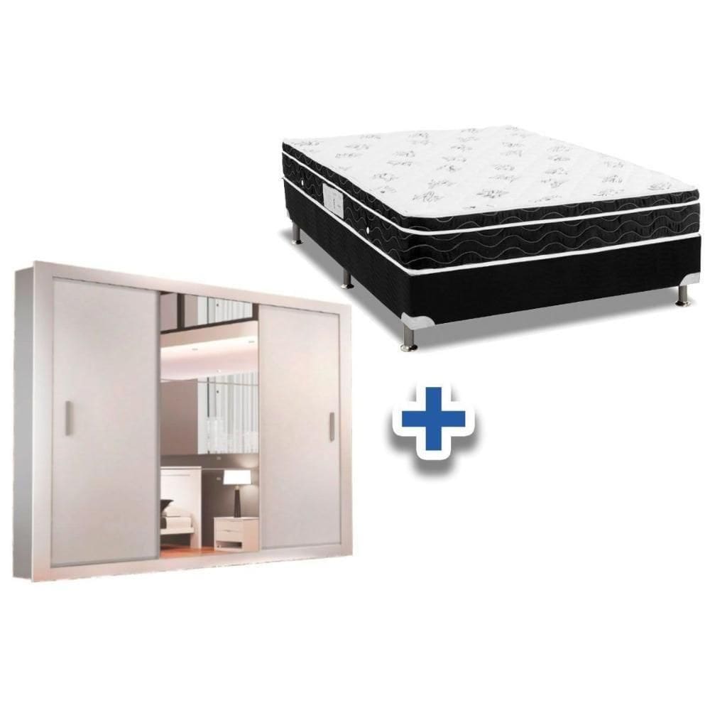 Cama Box Casal + Colchão Physical Spring + Guarda Roupa Veneza Luxo Branco