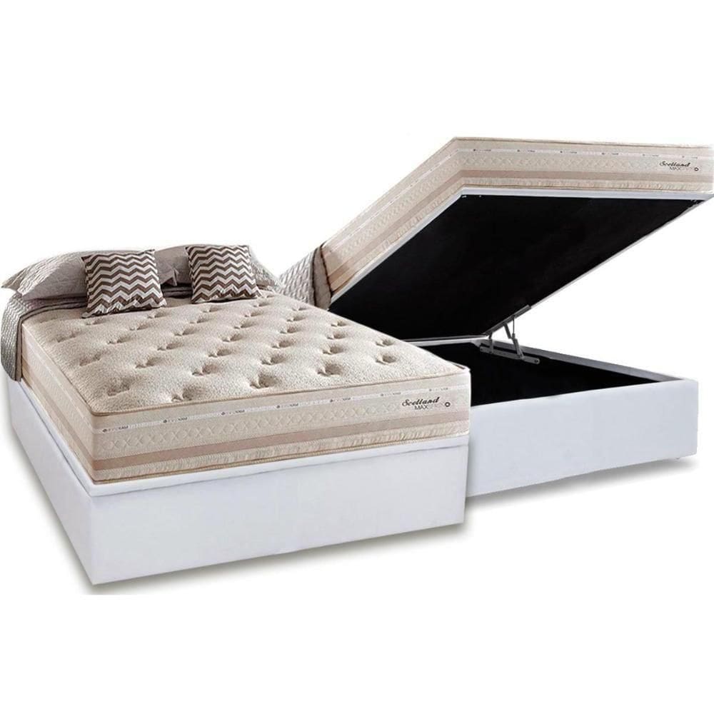 Cama Box Baú Casal: Colchão Molas Herval Maxspring Scotland + Base Crc Courano White(138X188)