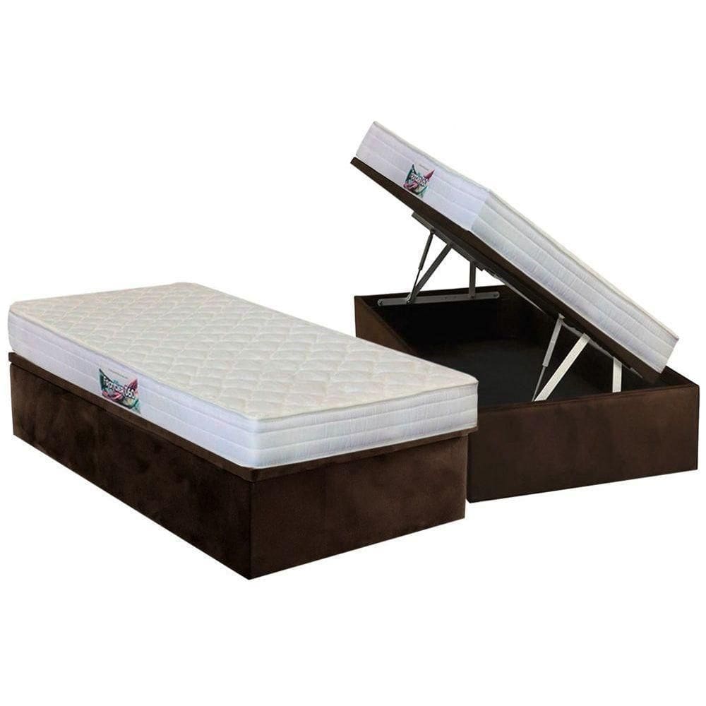 Cama Box Baú Solteiro: Colchão Espuma Herval D28 - Ag65 Frontier + Base Crc Suede Brown(88x188)