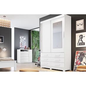 Guarda Roupa Solteiro 2 Portas E 6 Gavetas C/ Espelho Jequitibá/buriti Branco - Novo Horizonte