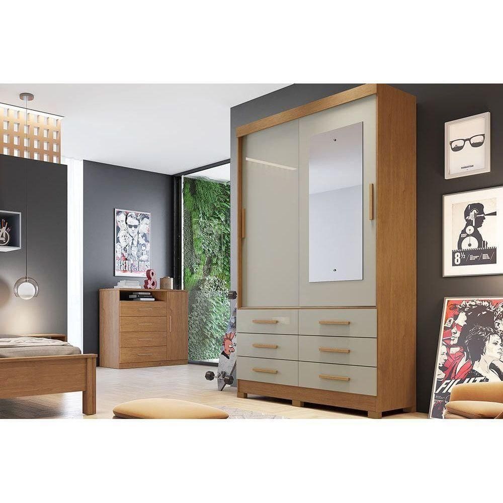 Guarda Roupa Solteiro 2 Portas E 6 Gavetas C/ Espelho Jequitibá/buriti Freijo Cumaru C/ Fendi - Novo Horizonte