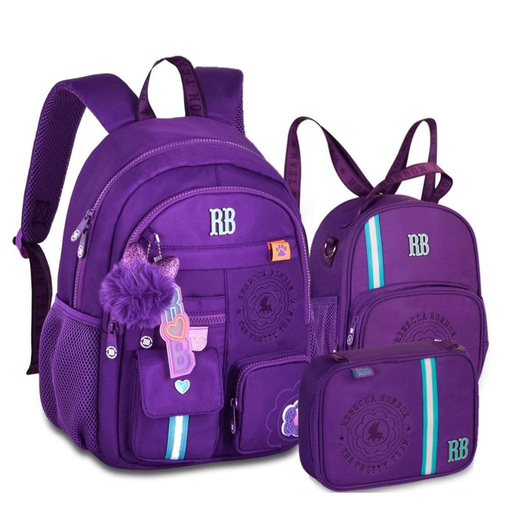 Kit Mochila de Costas Rebecca Bonbon Nylon Bordado + Lancheira e Estojo