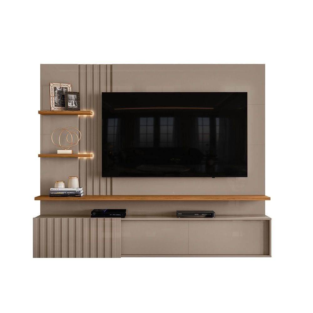 Painel C/ Rack Bancada Sala Estar TV Até 65 Polegadas 2 Fitas LED 2 Portas De Correr 3 Prateleiras Atena