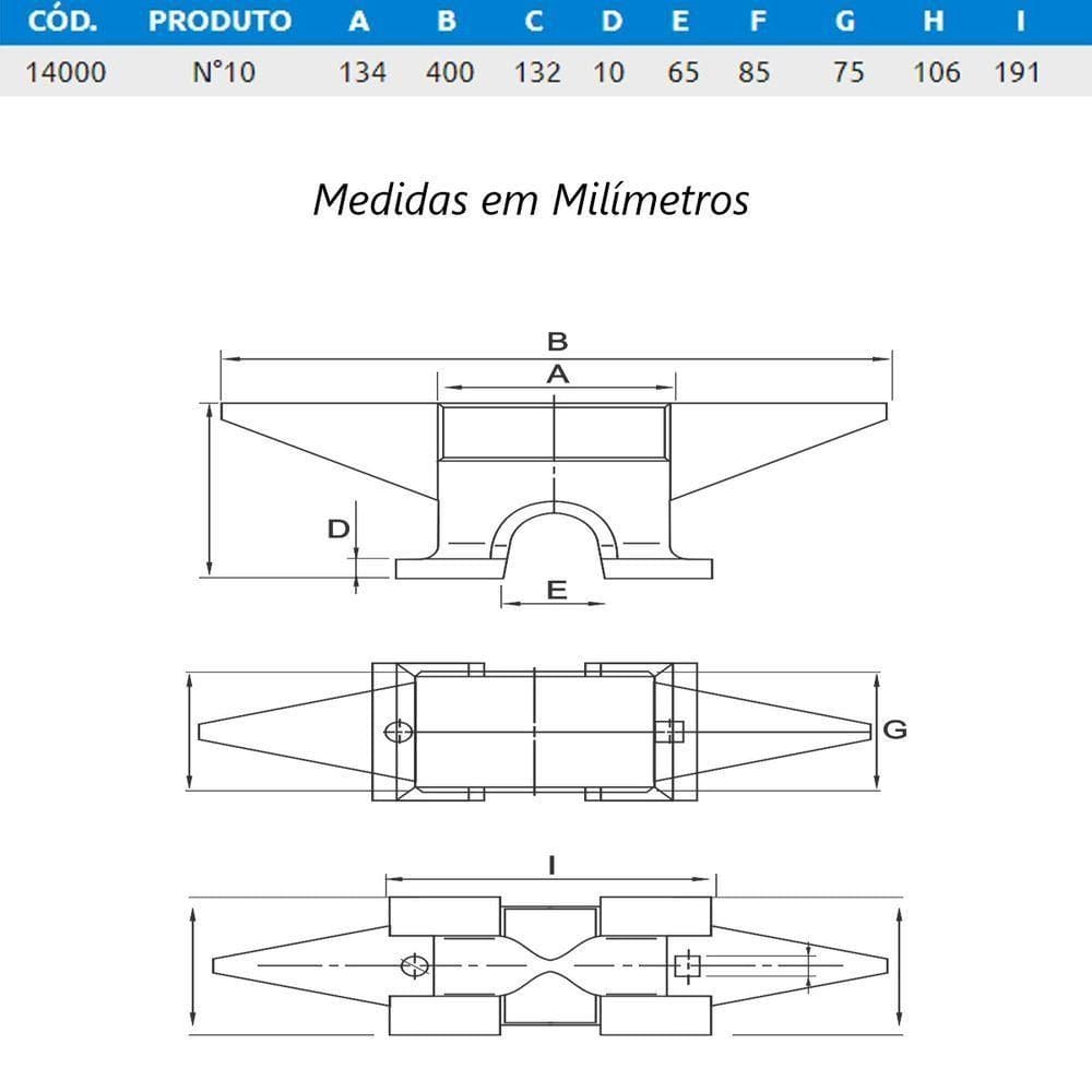 Bigorna Industrial Ferro Fundido Nodular 10kg 40x13,2x7,5cm