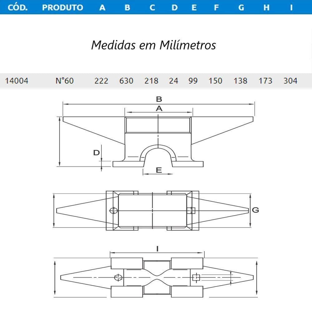Bigorna Industrial Ferro Fundido Nodular 60kg 63x21,8x13,8cm