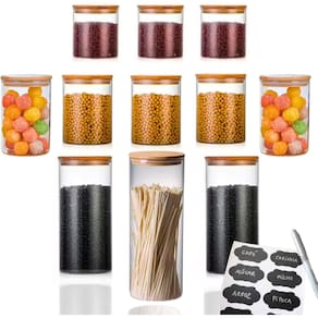 Kit 11 Potes de Vidro com Tampa de Bambu Herméticos com Adesivos e Canetinha