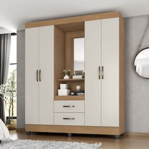 Guarda Roupa Solteiro  4 Portas Nature Off White com Espelho