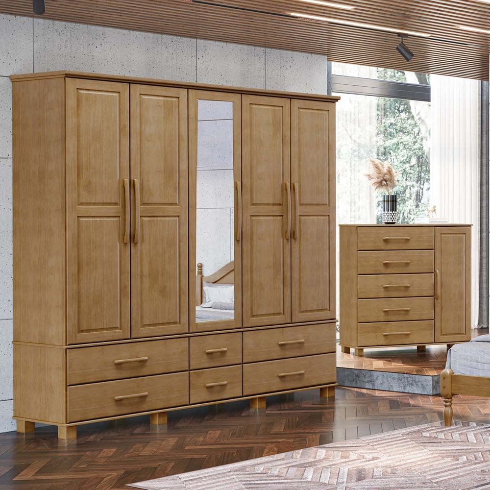 Conjunto Quarto: Guarda-Roupa 5 Portas, Cômoda Sapateira 5 Gavetas Ouro Freijó Madeira Pinus - Finestra