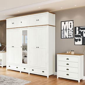 Conjunto Quarto: Guarda-Roupa 10 Portas, Cômoda 4 Gavetas Topázio Branco/Freijó Madeira Pinus - Finestra