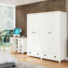 Conjunto Quarto: Guarda-Roupa 4 Portas, Escrivaninha 2 Gavetas Topázio Branco/Freijó Madeira Pinus - Finestra