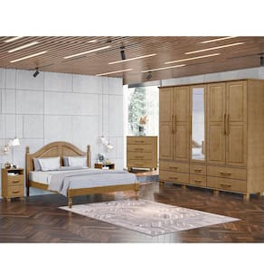 Conjunto Quarto: Guarda-Roupa 5 Portas Cama Queen Cômoda 4 Gavetas 2 Mesas Cabeceiras Ouro Freijó Madeira Pinus - Finestra