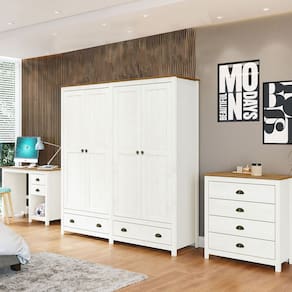Conjunto Quarto: Guarda-Roupa 4 Portas, Escrivaninha, Cômoda 4 Gavetas Topázio Branco/Freijó Madeira Pinus - Finestra