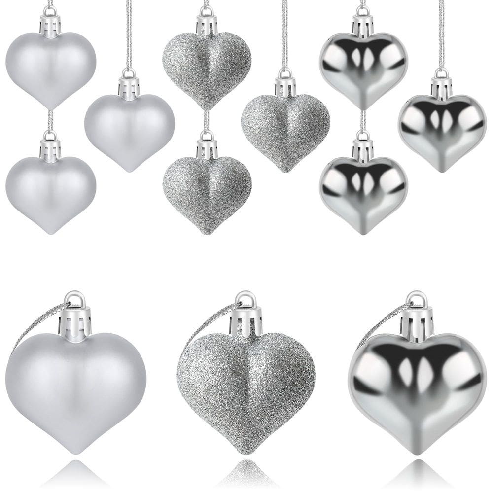 Ornamentos Yuronam Heart 12 peças de plástico prateado de 4,5 cm