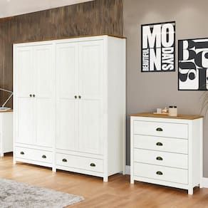 Conjunto Quarto: Guarda-Roupa 4 Portas, Cômoda 4 Gavetas Topázio Branco/Freijó Madeira Pinus - Finestra