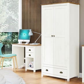 Conjunto Quarto Guarda-Roupa 2 Portas, Escrivaninha 2 Gavetas Topázio Branco/Freijó Madeira Pinus - Finestra