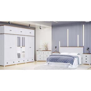 Conjunto Quarto: Guarda-Roupa 12 Portas Cabeceira Cômoda 7 Gavetas 2 Mesas Cabeceiras Topázio Branco/Freijó Madeira Pinus - Finestra