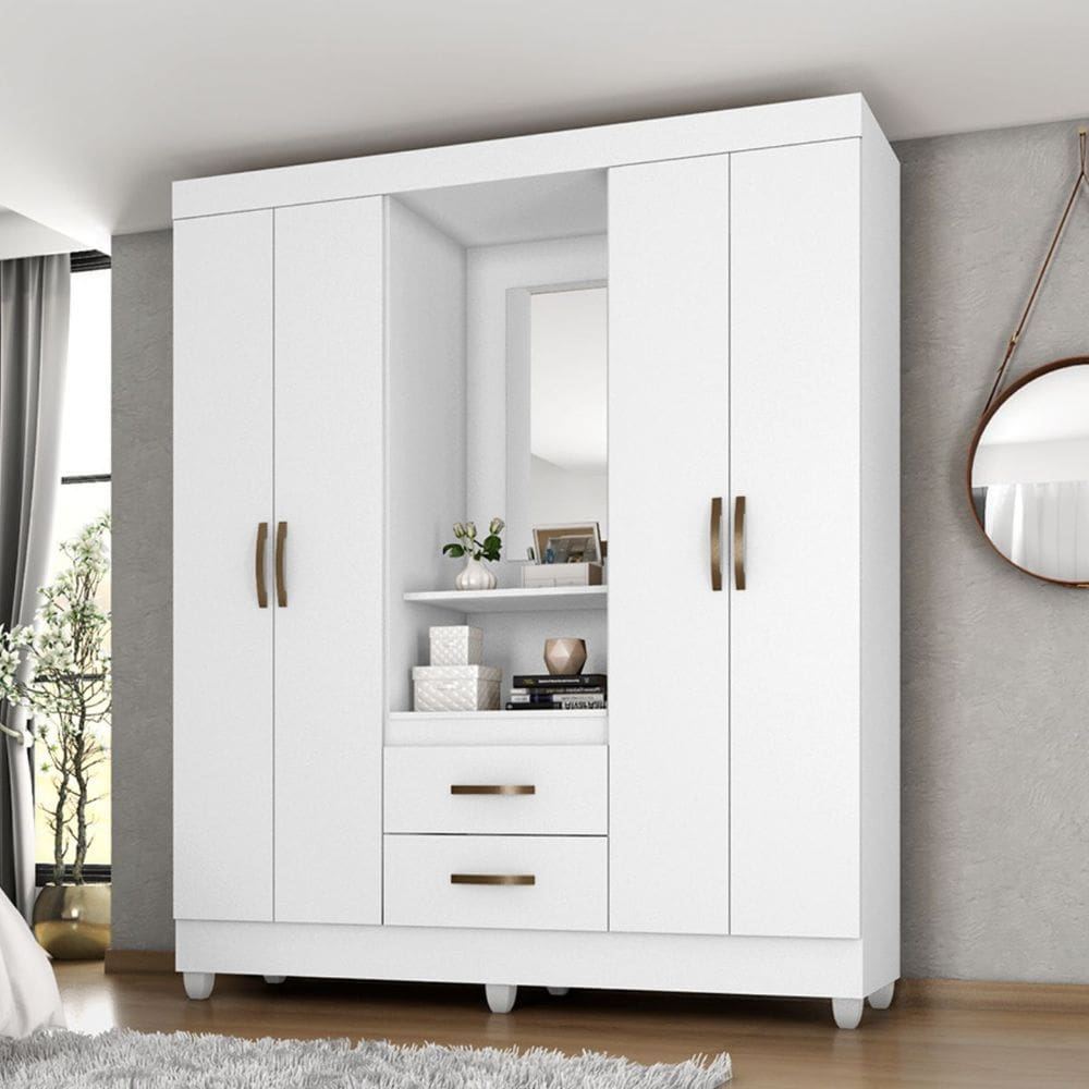 Guarda Roupa Solteiro 4 Portas com Espelho Branco