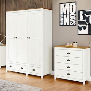 Conjunto Quarto: Guarda-Roupa 3 Portas, Cômoda 4 Gavetas Topázio Branco/Freijó Madeira Pinus - Finestra