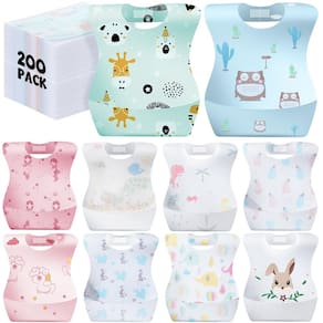Babadores de bebê descartáveis Floraltop, 200 unidades com bolso para coleta de alimentos
