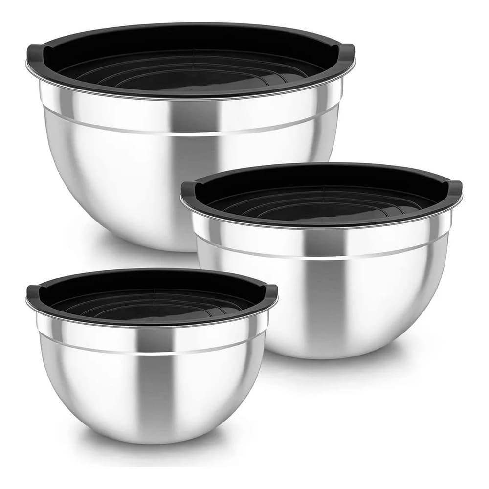 Conjunto De 3 Bowls Tigelas De Inox Com Tampa Plástica Kit - Inox